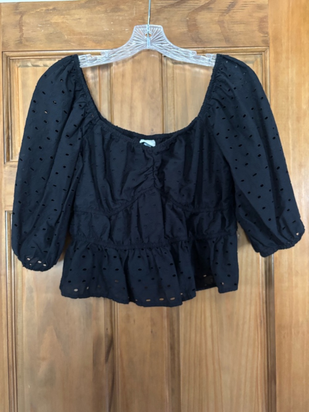 a new day Black Eyelet Peplum Puff Sleeve Top